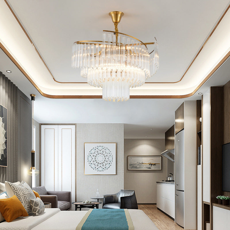 8-Bulb Living Room Chandelier Lighting Gold LED Pendant Light Fixture with Tiered Crystal Rod Shade Clearhalo 'Ceiling Lights' 'Chandeliers' 'Modern Chandeliers' 'Modern' Lighting' 279916