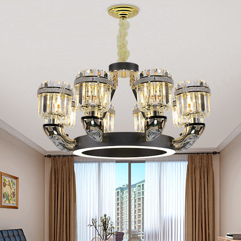 Beveled Crystal Cylinder Chandelier Lighting Traditional 6/8 Lights Black LED Hanging Pendant for Bedroom Clearhalo 'Ceiling Lights' 'Chandeliers' Lighting' options 279934