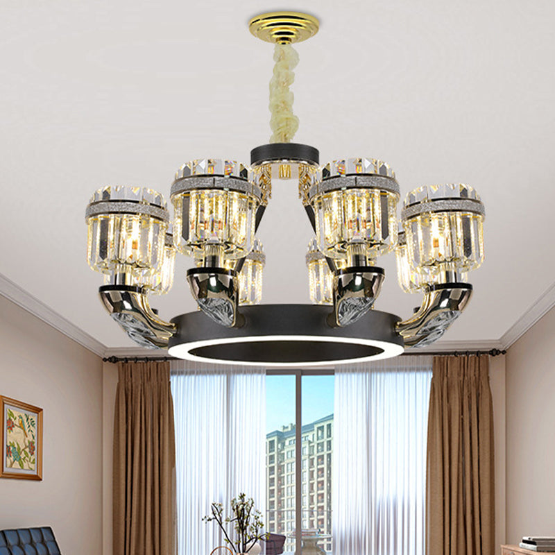Beveled Crystal Cylinder Chandelier Lighting Traditional 6/8 Lights Black LED Hanging Pendant for Bedroom 8 Black Clearhalo 'Ceiling Lights' 'Chandeliers' Lighting' options 279934_ca0b29a4-d86c-4c5a-ad60-427ad8eaa384