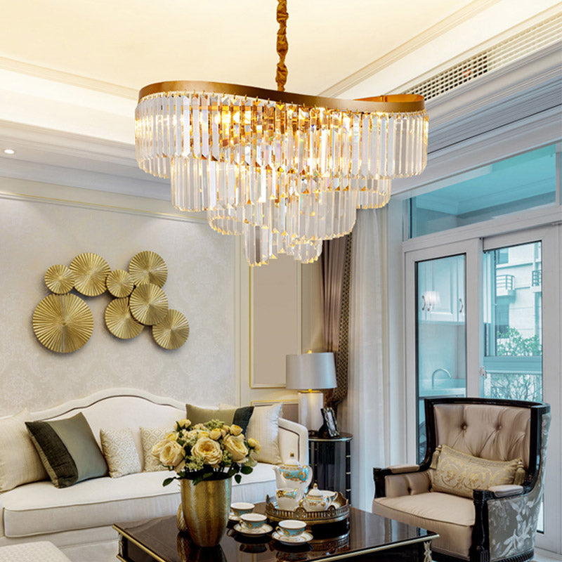 Gold Tiered LED Chandelier Light Modernism 10 Heads Beveled Glass Crystal Pendant Lighting for Living Room Clearhalo 'Ceiling Lights' 'Chandeliers' 'Modern Chandeliers' 'Modern' Lighting' 280036