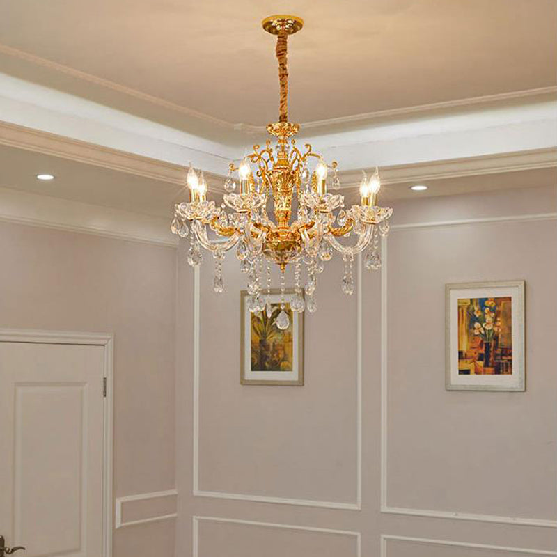 Gold Candelabra Chandelier Light Modernism 8 Heads Metal Pendant Lighting with Dangling Crystal Clearhalo 'Ceiling Lights' 'Chandeliers' 'Modern Chandeliers' 'Modern' Lighting' 280066