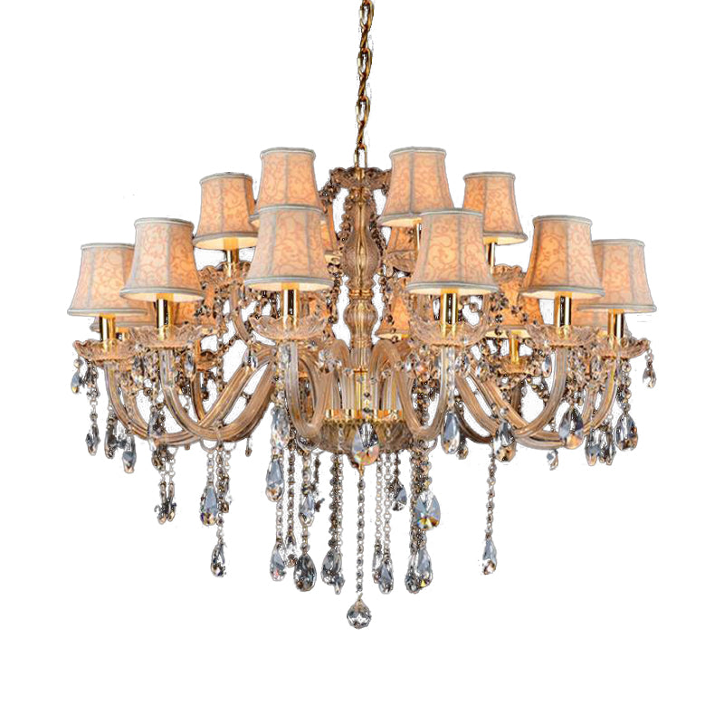 Armed Clear K9 Crystal Pendant Chandelier Rustic 6/8/10 Heads Beige Hanging Ceiling Light with Flared Fabric Shade Clearhalo 'Ceiling Lights' 'Chandeliers' Lighting' options 280089