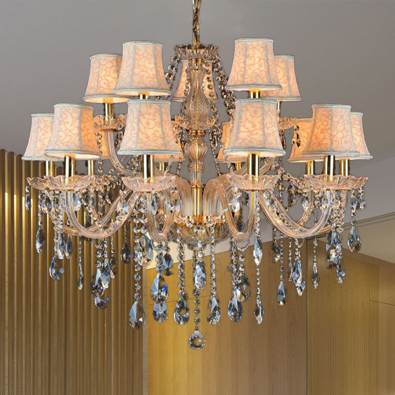 Armed Clear K9 Crystal Pendant Chandelier Rustic 6/8/10 Heads Beige Hanging Ceiling Light with Flared Fabric Shade Clearhalo 'Ceiling Lights' 'Chandeliers' Lighting' options 280091