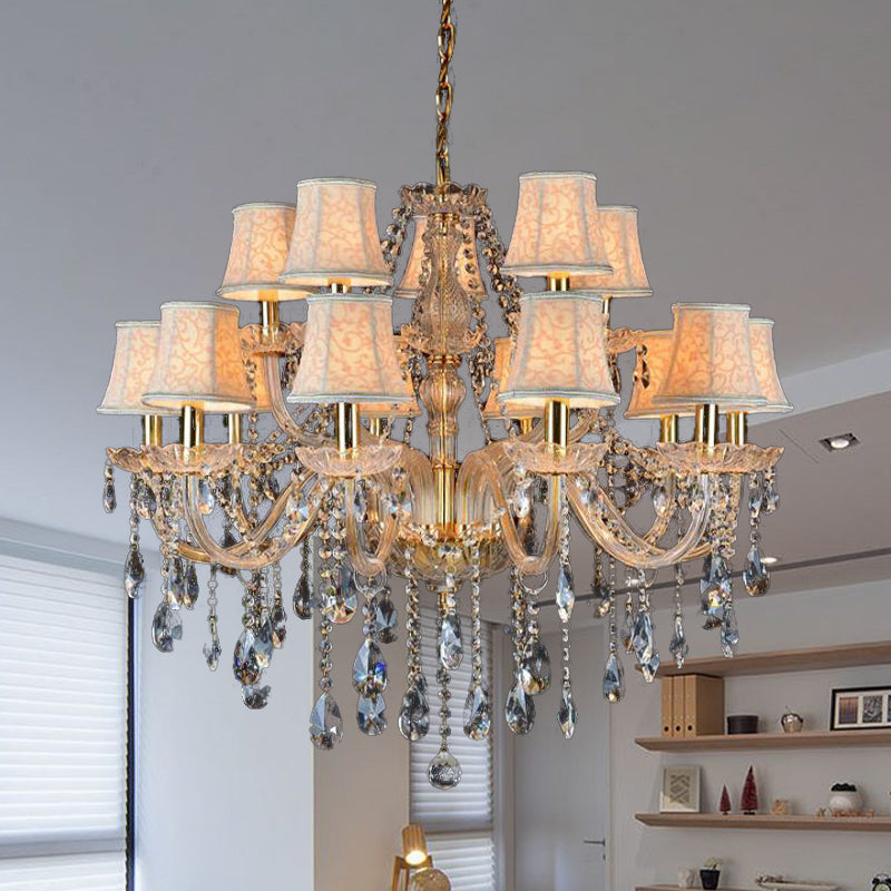 Armed Clear K9 Crystal Pendant Chandelier Rustic 6/8/10 Heads Beige Hanging Ceiling Light with Flared Fabric Shade Clearhalo 'Ceiling Lights' 'Chandeliers' Lighting' options 280092