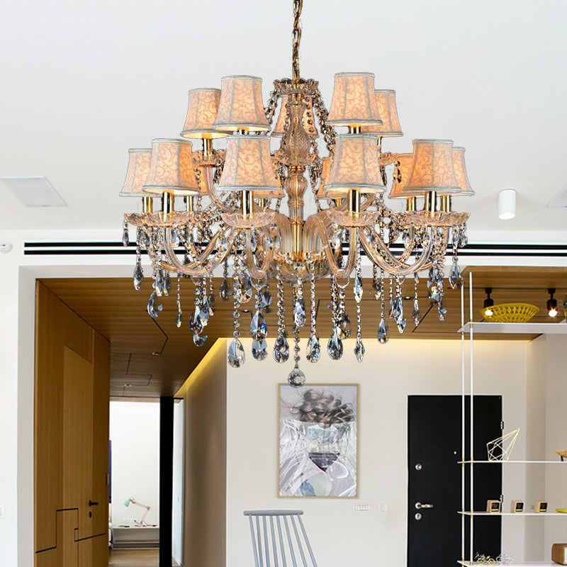 Armed Clear K9 Crystal Pendant Chandelier Rustic 6/8/10 Heads Beige Hanging Ceiling Light with Flared Fabric Shade Clearhalo 'Ceiling Lights' 'Chandeliers' Lighting' options 280093