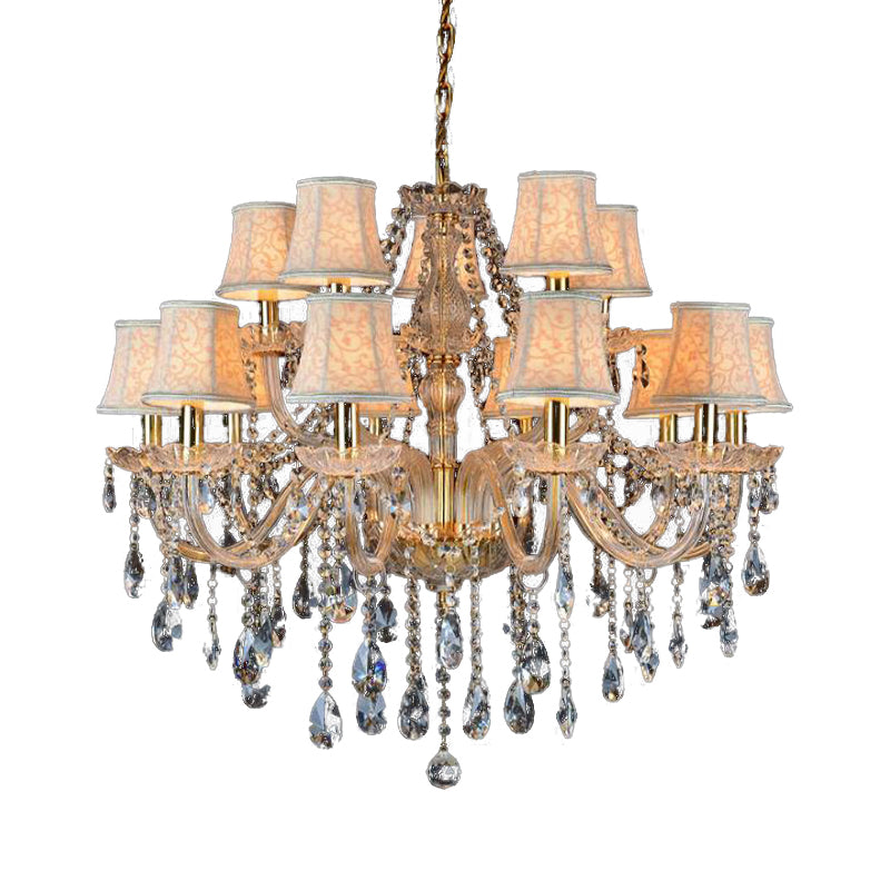 Armed Clear K9 Crystal Pendant Chandelier Rustic 6/8/10 Heads Beige Hanging Ceiling Light with Flared Fabric Shade Clearhalo 'Ceiling Lights' 'Chandeliers' Lighting' options 280095