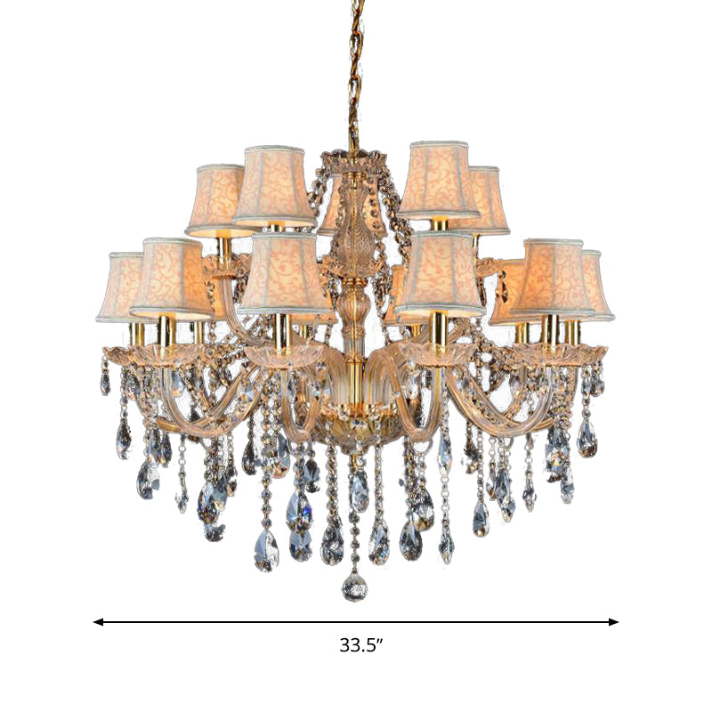 Armed Clear K9 Crystal Pendant Chandelier Rustic 6/8/10 Heads Beige Hanging Ceiling Light with Flared Fabric Shade Clearhalo 'Ceiling Lights' 'Chandeliers' Lighting' options 280096