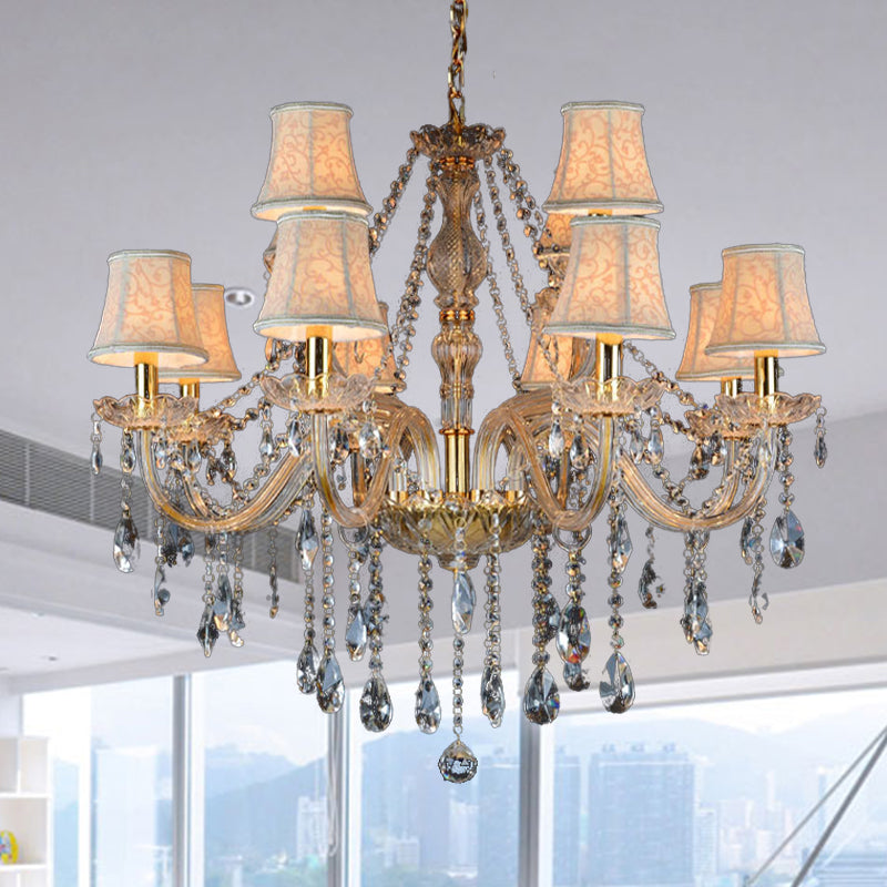 Armed Clear K9 Crystal Pendant Chandelier Rustic 6/8/10 Heads Beige Hanging Ceiling Light with Flared Fabric Shade Clearhalo 'Ceiling Lights' 'Chandeliers' Lighting' options 280100