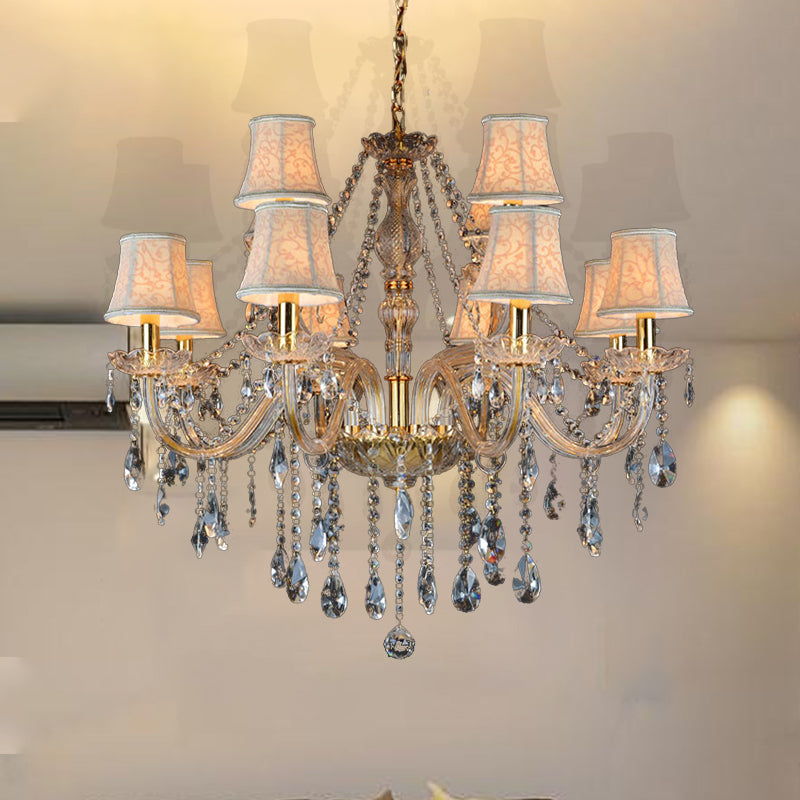 Armed Clear K9 Crystal Pendant Chandelier Rustic 6/8/10 Heads Beige Hanging Ceiling Light with Flared Fabric Shade Clearhalo 'Ceiling Lights' 'Chandeliers' Lighting' options 280101