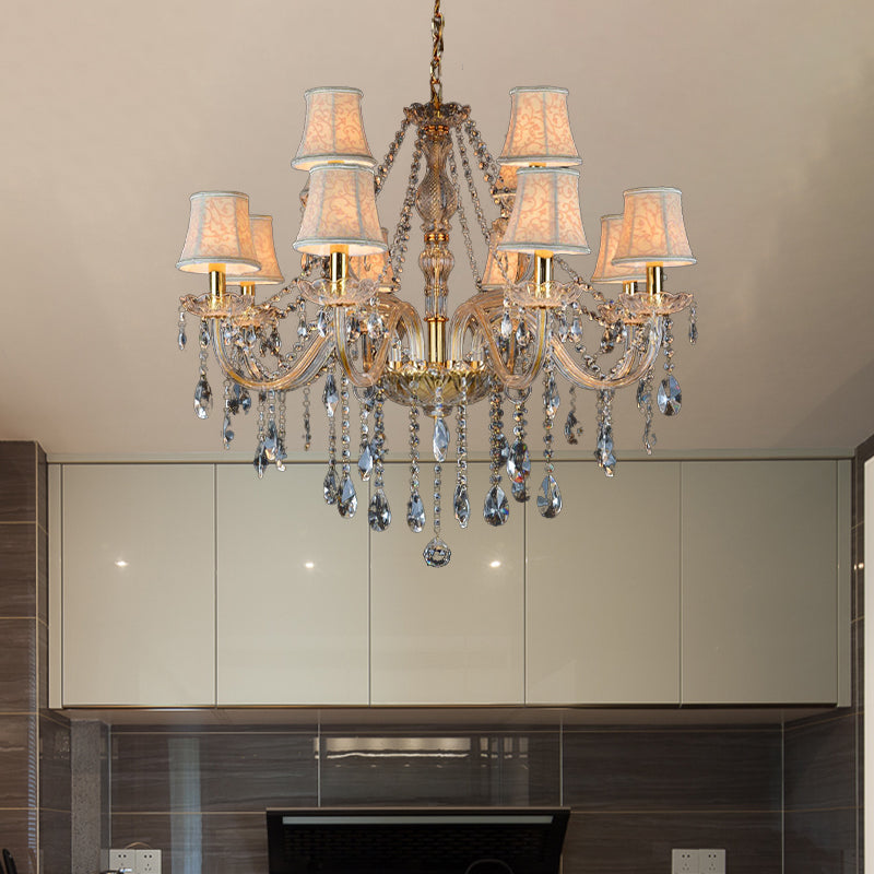 Armed Clear K9 Crystal Pendant Chandelier Rustic 6/8/10 Heads Beige Hanging Ceiling Light with Flared Fabric Shade Clearhalo 'Ceiling Lights' 'Chandeliers' Lighting' options 280102