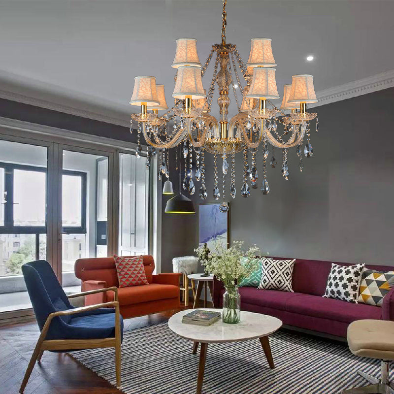 Armed Clear K9 Crystal Pendant Chandelier Rustic 6/8/10 Heads Beige Hanging Ceiling Light with Flared Fabric Shade Clearhalo 'Ceiling Lights' 'Chandeliers' Lighting' options 280103