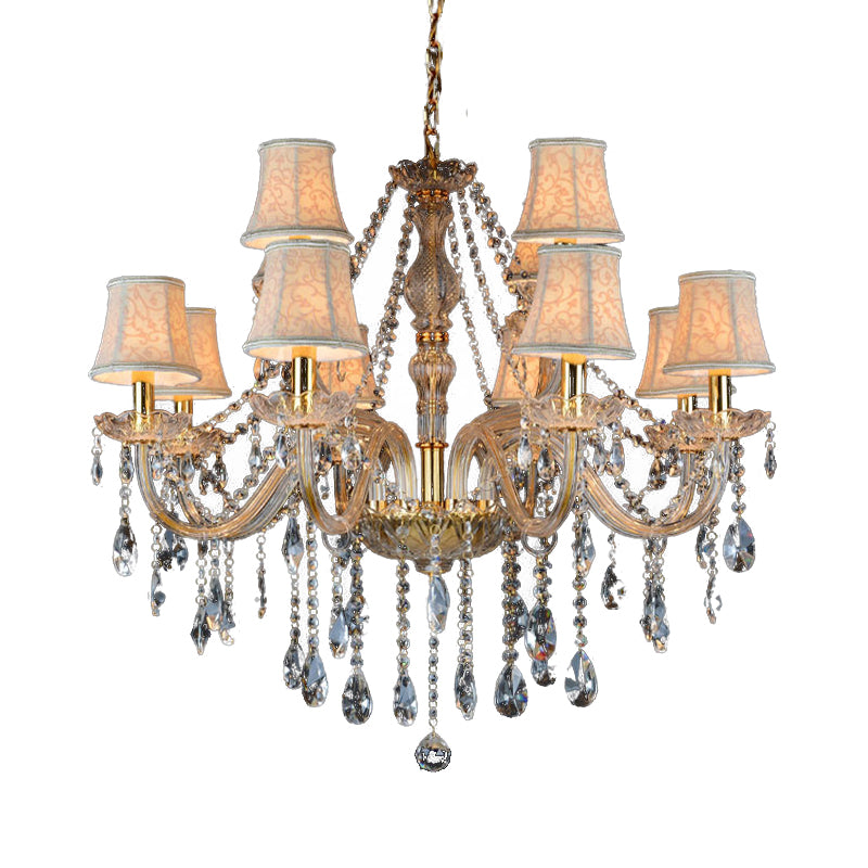 Armed Clear K9 Crystal Pendant Chandelier Rustic 6/8/10 Heads Beige Hanging Ceiling Light with Flared Fabric Shade Clearhalo 'Ceiling Lights' 'Chandeliers' Lighting' options 280104