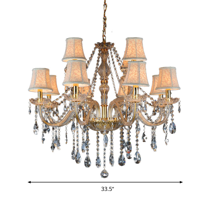 Armed Clear K9 Crystal Pendant Chandelier Rustic 6/8/10 Heads Beige Hanging Ceiling Light with Flared Fabric Shade Clearhalo 'Ceiling Lights' 'Chandeliers' Lighting' options 280105