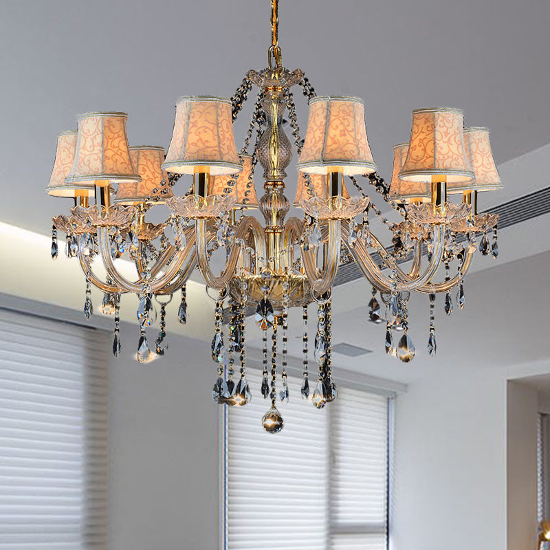 Armed Clear K9 Crystal Pendant Chandelier Rustic 6/8/10 Heads Beige Hanging Ceiling Light with Flared Fabric Shade Clearhalo 'Ceiling Lights' 'Chandeliers' Lighting' options 280106