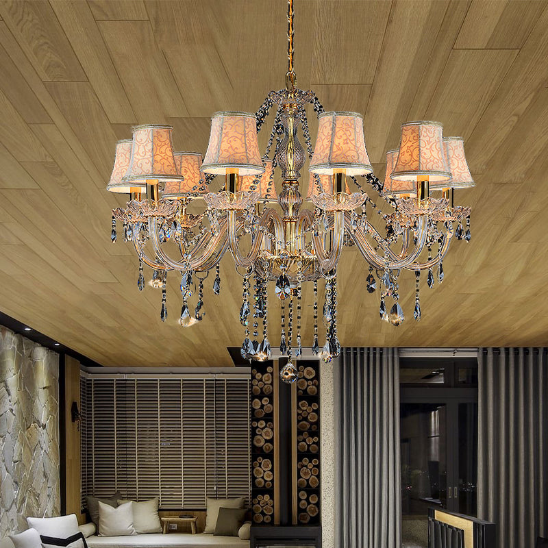 Armed Clear K9 Crystal Pendant Chandelier Rustic 6/8/10 Heads Beige Hanging Ceiling Light with Flared Fabric Shade Clearhalo 'Ceiling Lights' 'Chandeliers' Lighting' options 280107