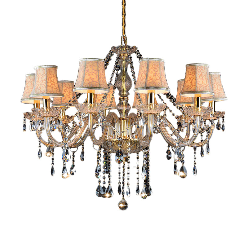 Armed Clear K9 Crystal Pendant Chandelier Rustic 6/8/10 Heads Beige Hanging Ceiling Light with Flared Fabric Shade Clearhalo 'Ceiling Lights' 'Chandeliers' Lighting' options 280109