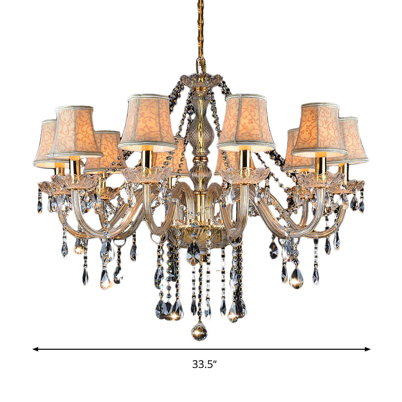 Armed Clear K9 Crystal Pendant Chandelier Rustic 6/8/10 Heads Beige Hanging Ceiling Light with Flared Fabric Shade Clearhalo 'Ceiling Lights' 'Chandeliers' Lighting' options 280110