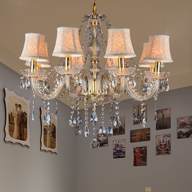 Armed Clear K9 Crystal Pendant Chandelier Rustic 6/8/10 Heads Beige Hanging Ceiling Light with Flared Fabric Shade Clearhalo 'Ceiling Lights' 'Chandeliers' Lighting' options 280111