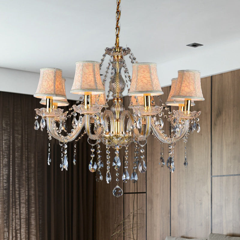 Armed Clear K9 Crystal Pendant Chandelier Rustic 6/8/10 Heads Beige Hanging Ceiling Light with Flared Fabric Shade Clearhalo 'Ceiling Lights' 'Chandeliers' Lighting' options 280112