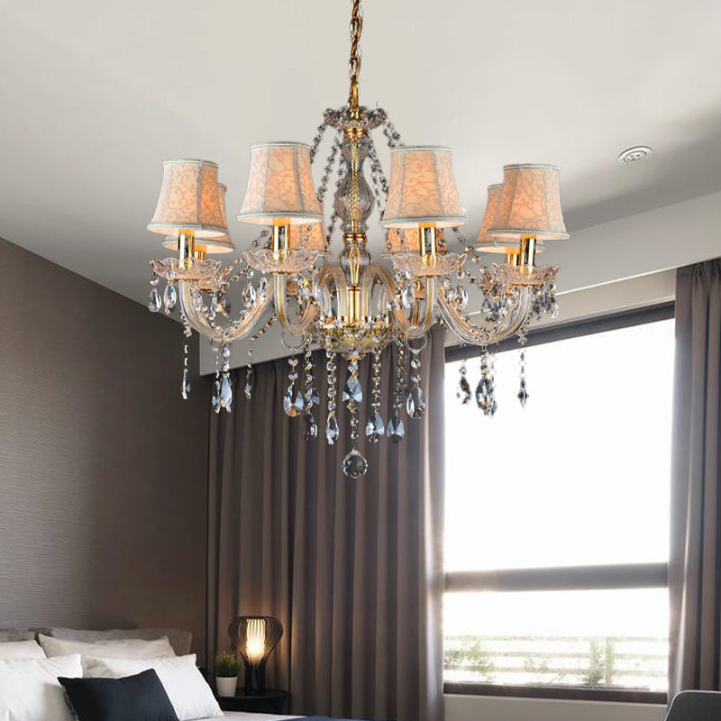 Armed Clear K9 Crystal Pendant Chandelier Rustic 6/8/10 Heads Beige Hanging Ceiling Light with Flared Fabric Shade Clearhalo 'Ceiling Lights' 'Chandeliers' Lighting' options 280113