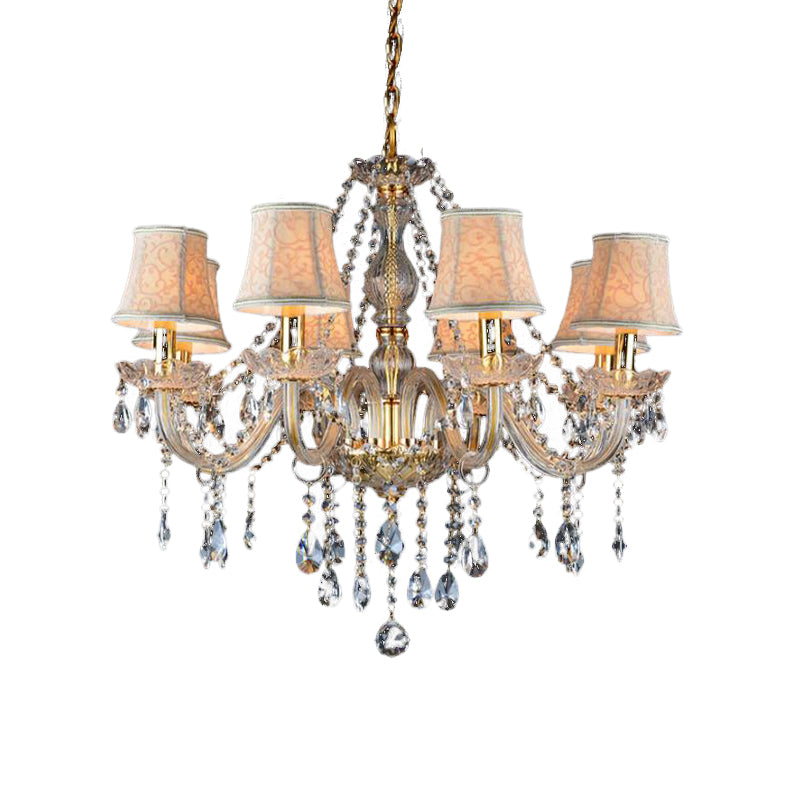 Armed Clear K9 Crystal Pendant Chandelier Rustic 6/8/10 Heads Beige Hanging Ceiling Light with Flared Fabric Shade Clearhalo 'Ceiling Lights' 'Chandeliers' Lighting' options 280115