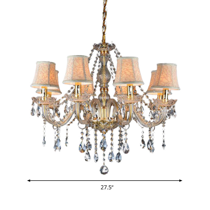 Armed Clear K9 Crystal Pendant Chandelier Rustic 6/8/10 Heads Beige Hanging Ceiling Light with Flared Fabric Shade Clearhalo 'Ceiling Lights' 'Chandeliers' Lighting' options 280116