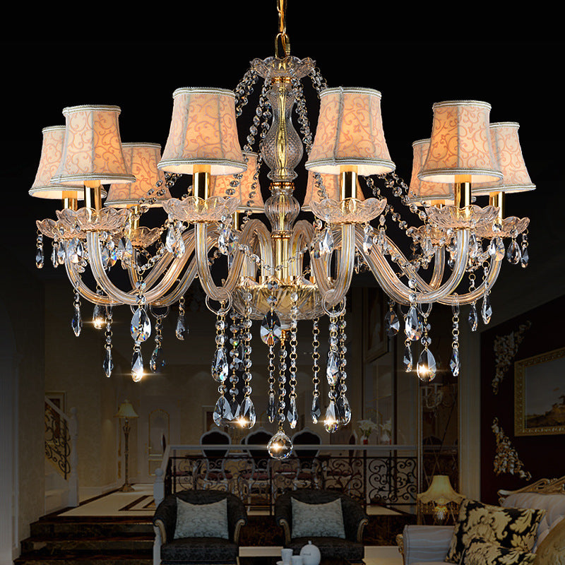 Armed Clear K9 Crystal Pendant Chandelier Rustic 6/8/10 Heads Beige Hanging Ceiling Light with Flared Fabric Shade Clearhalo 'Ceiling Lights' 'Chandeliers' Lighting' options 280117