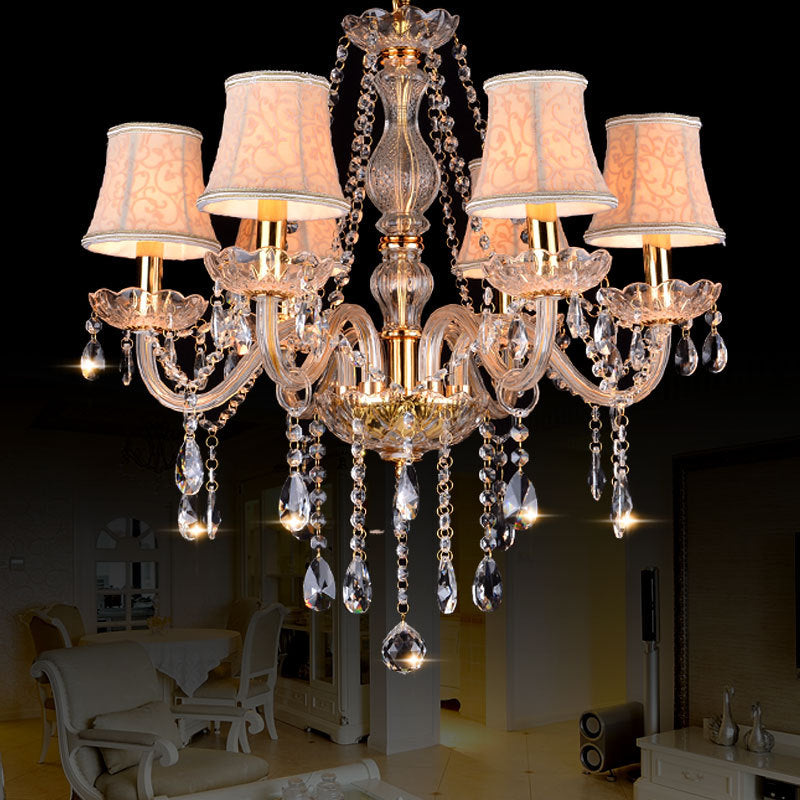 Armed Clear K9 Crystal Pendant Chandelier Rustic 6/8/10 Heads Beige Hanging Ceiling Light with Flared Fabric Shade Clearhalo 'Ceiling Lights' 'Chandeliers' Lighting' options 280118