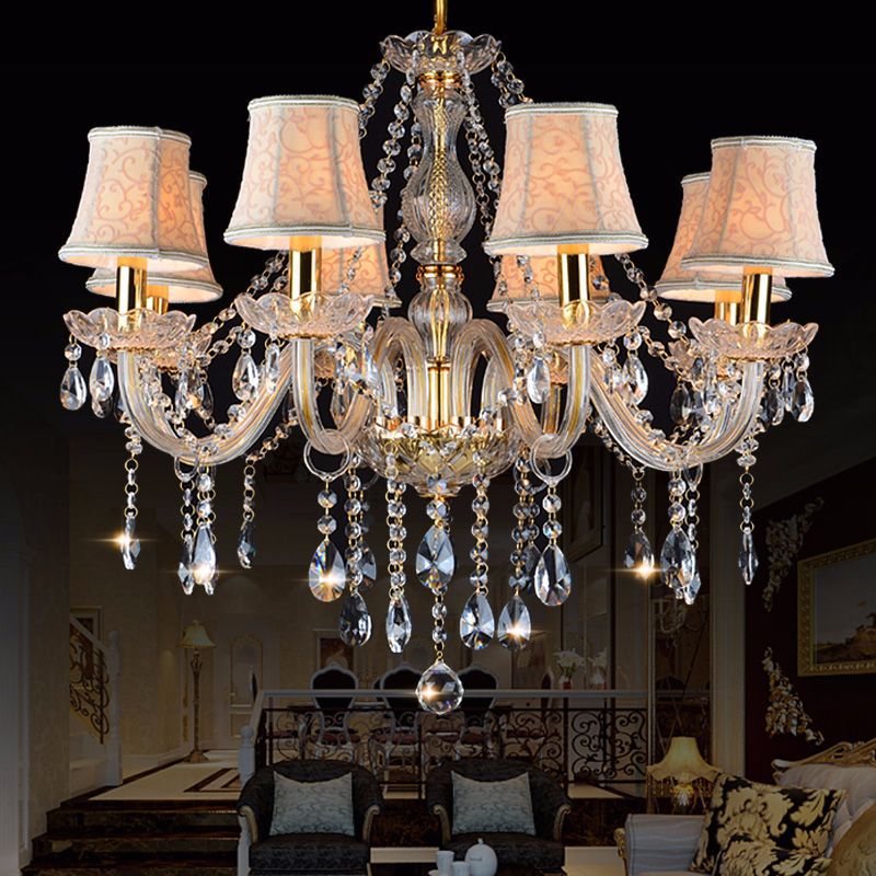 Armed Clear K9 Crystal Pendant Chandelier Rustic 6/8/10 Heads Beige Hanging Ceiling Light with Flared Fabric Shade Clearhalo 'Ceiling Lights' 'Chandeliers' Lighting' options 280119