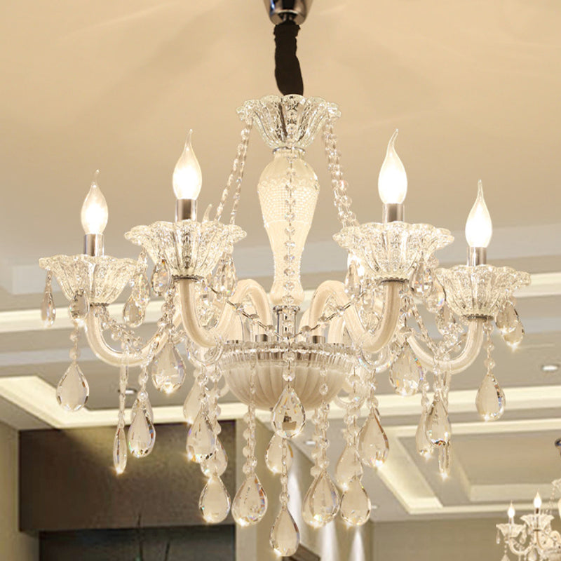 Modern Candle Hanging Chandelier Clear Crystal Glass 6 Bulbs Living Room Pendant Ceiling Light in White Clearhalo 'Ceiling Lights' 'Chandeliers' 'Modern Chandeliers' 'Modern' Lighting' 280145