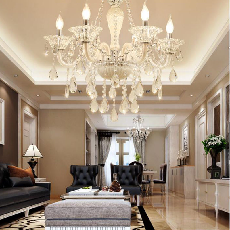 Modern Candle Hanging Chandelier Clear Crystal Glass 6 Bulbs Living Room Pendant Ceiling Light in White Clearhalo 'Ceiling Lights' 'Chandeliers' 'Modern Chandeliers' 'Modern' Lighting' 280147