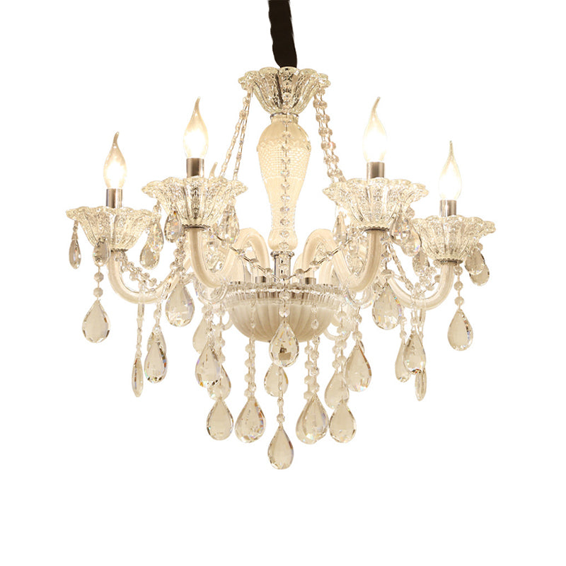 Modern Candle Hanging Chandelier Clear Crystal Glass 6 Bulbs Living Room Pendant Ceiling Light in White Clearhalo 'Ceiling Lights' 'Chandeliers' 'Modern Chandeliers' 'Modern' Lighting' 280148