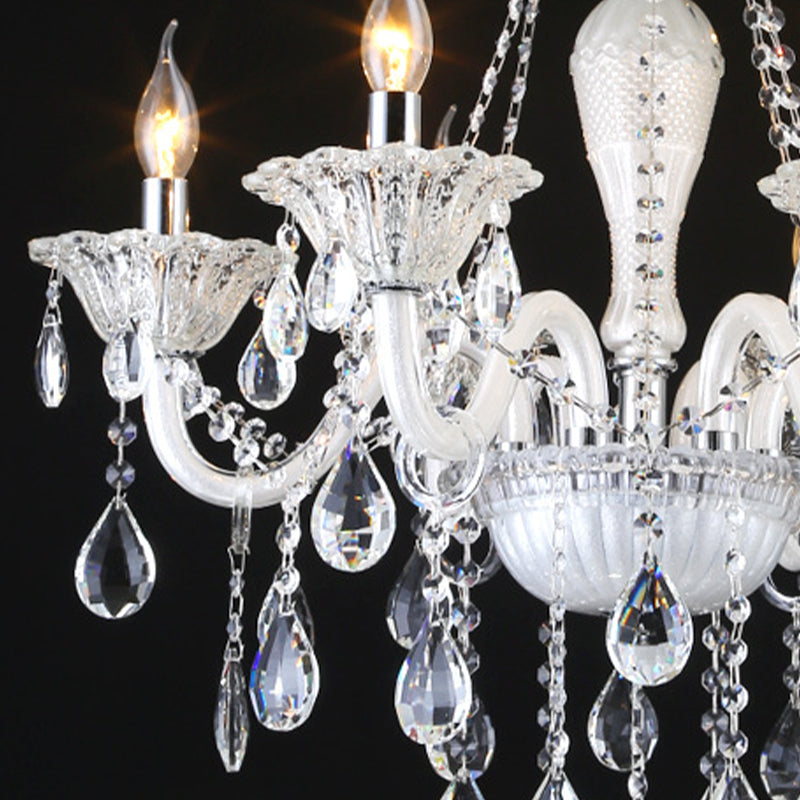 Modern Candle Hanging Chandelier Clear Crystal Glass 6 Bulbs Living Room Pendant Ceiling Light in White Clearhalo 'Ceiling Lights' 'Chandeliers' 'Modern Chandeliers' 'Modern' Lighting' 280150