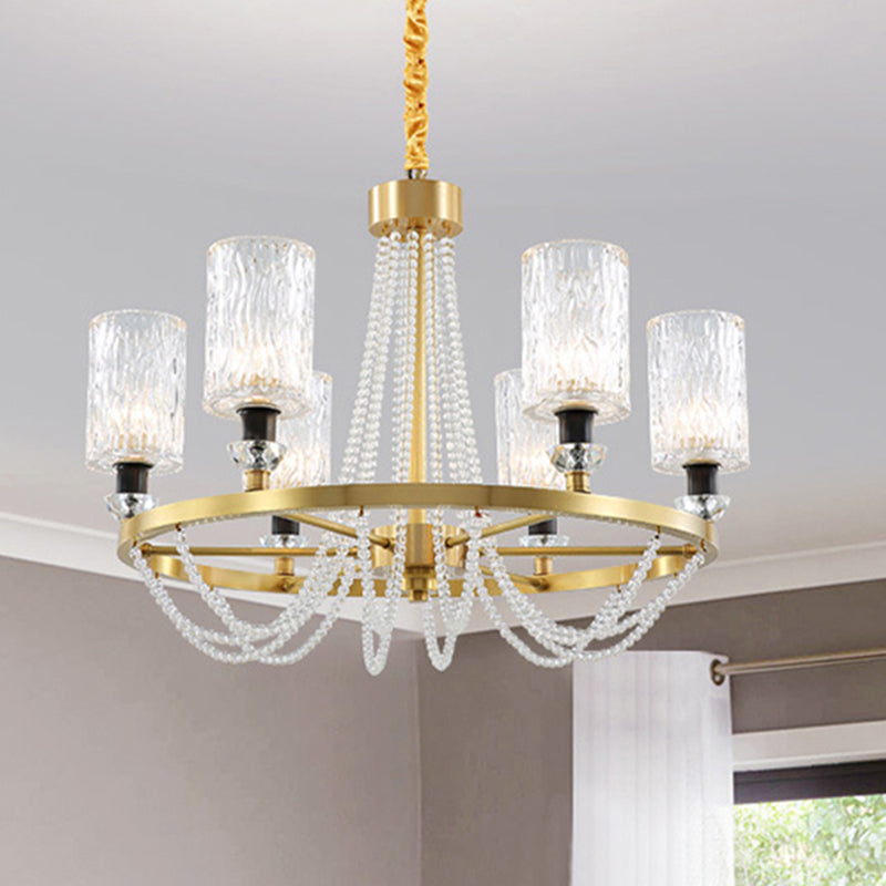 Cylinder Water Glass Pendant Light Simple Style 6 Heads Living Room Chandelier Lighting in Gold Gold Clearhalo 'Ceiling Lights' 'Chandeliers' Lighting' options 280160_522b7fed-d31b-46a9-942c-e4c620f6b7c1