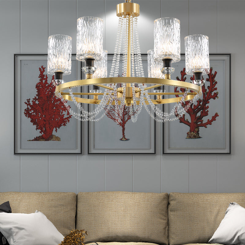 Cylinder Water Glass Pendant Light Simple Style 6 Heads Living Room Chandelier Lighting in Gold Clearhalo 'Ceiling Lights' 'Chandeliers' Lighting' options 280161