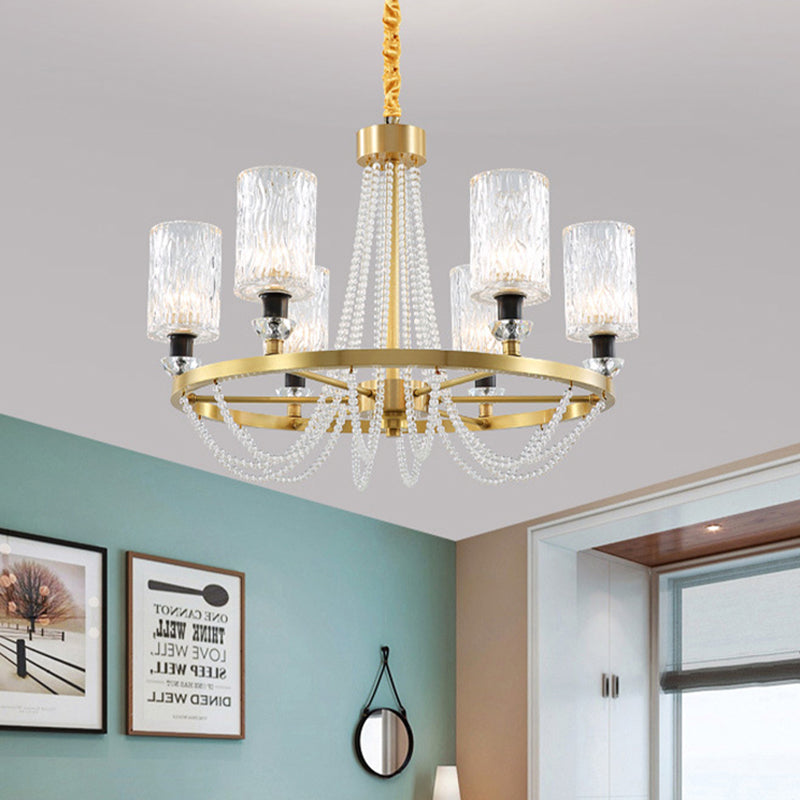 Cylinder Water Glass Pendant Light Simple Style 6 Heads Living Room Chandelier Lighting in Gold Clearhalo 'Ceiling Lights' 'Chandeliers' Lighting' options 280162