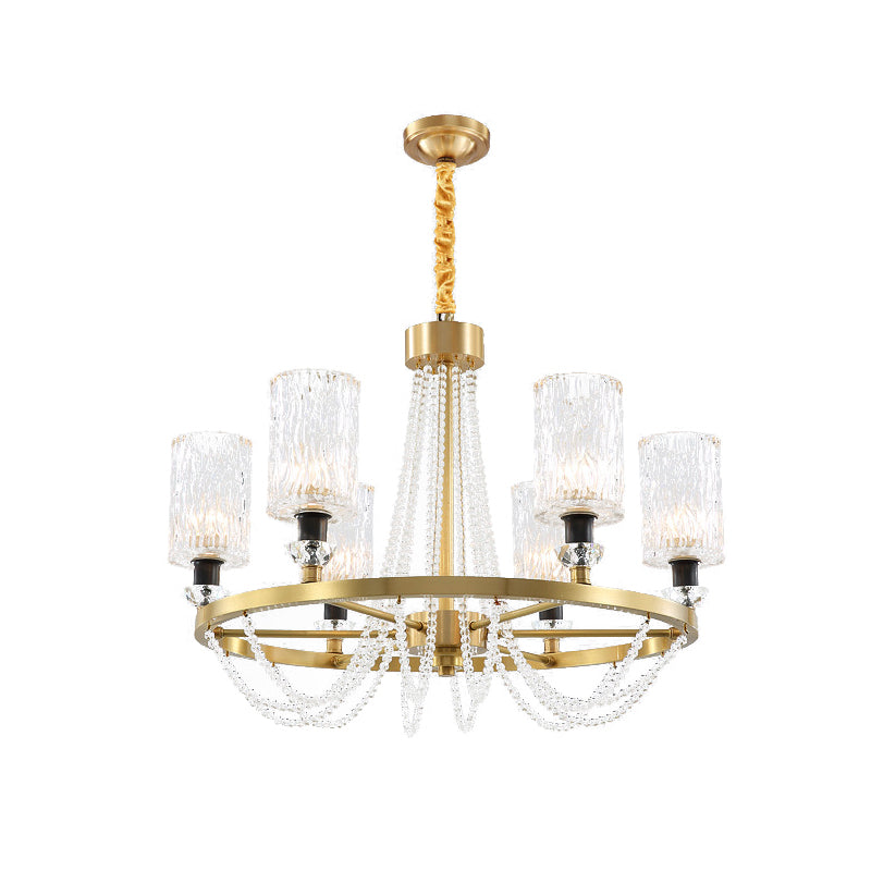 Cylinder Water Glass Pendant Light Simple Style 6 Heads Living Room Chandelier Lighting in Gold Clearhalo 'Ceiling Lights' 'Chandeliers' Lighting' options 280164