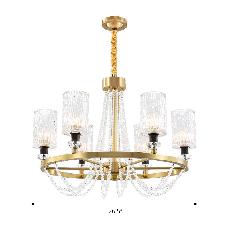 Cylinder Water Glass Pendant Light Simple Style 6 Heads Living Room Chandelier Lighting in Gold Clearhalo 'Ceiling Lights' 'Chandeliers' Lighting' options 280165