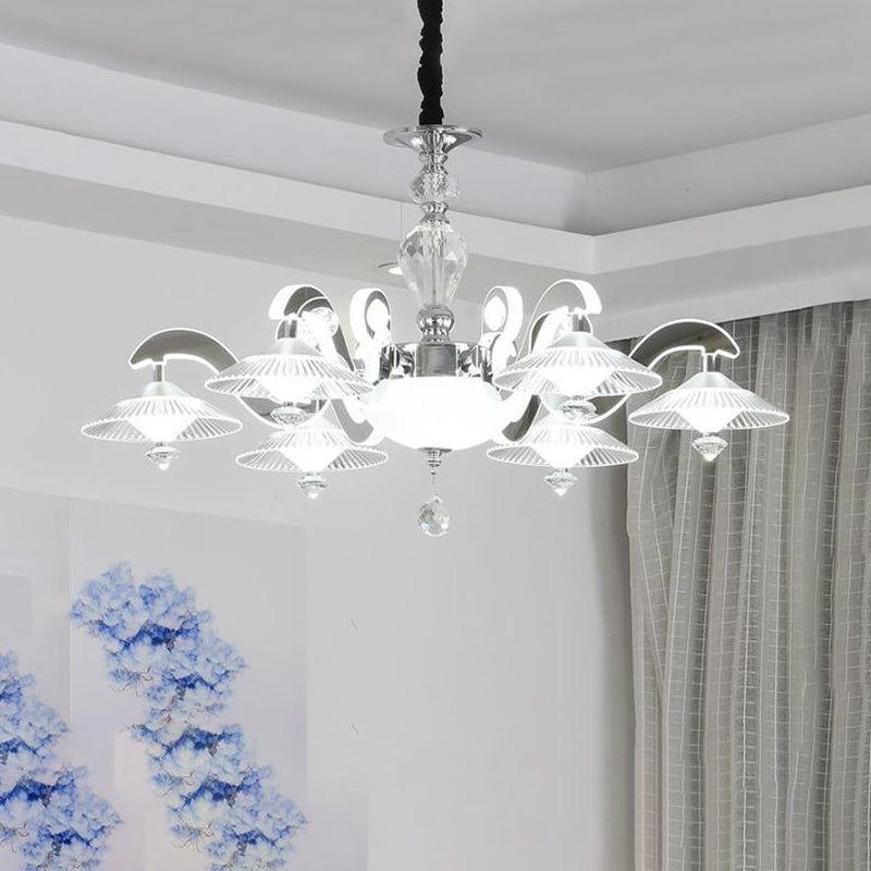 Flared Dining Room Pendant Ceiling Light Simple Ridged Crystal 6 Heads Chrome Hanging Chandelier Chrome Clearhalo 'Ceiling Lights' 'Chandeliers' Lighting' options 280167_1f8fa730-8b5d-47df-8f70-d5fcc17a1f38