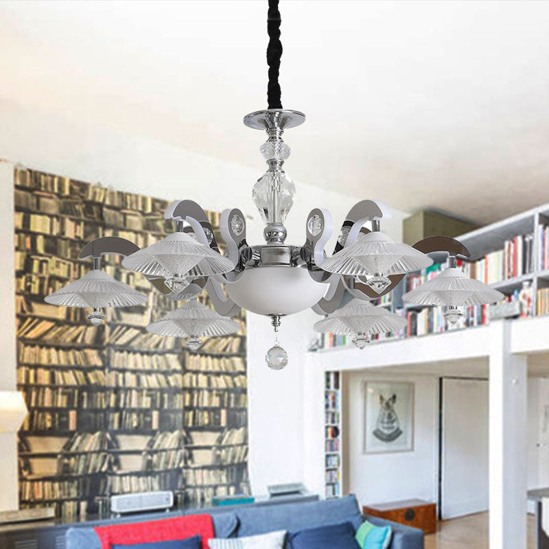 Flared Dining Room Pendant Ceiling Light Simple Ridged Crystal 6 Heads Chrome Hanging Chandelier Clearhalo 'Ceiling Lights' 'Chandeliers' Lighting' options 280168