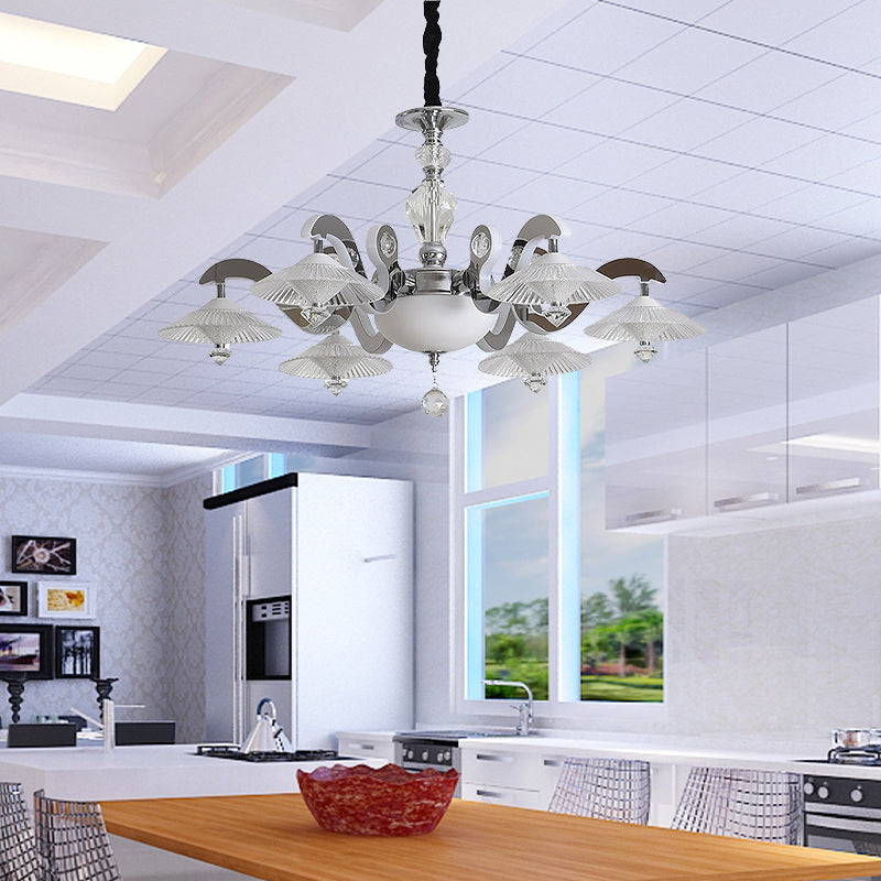 Flared Dining Room Pendant Ceiling Light Simple Ridged Crystal 6 Heads Chrome Hanging Chandelier Clearhalo 'Ceiling Lights' 'Chandeliers' Lighting' options 280169