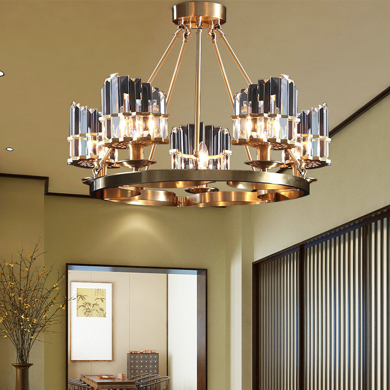 5 Heads Circular Hanging Ceiling Light Modern Gold Tri-Sided Crystal Rod Pendant Chandelier Clearhalo 'Ceiling Lights' 'Chandeliers' Lighting' options 280174