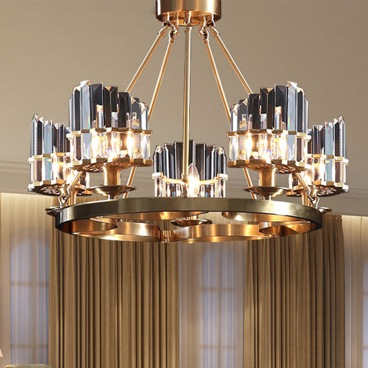 5 Heads Circular Hanging Ceiling Light Modern Gold Tri-Sided Crystal Rod Pendant Chandelier Clearhalo 'Ceiling Lights' 'Chandeliers' Lighting' options 280175