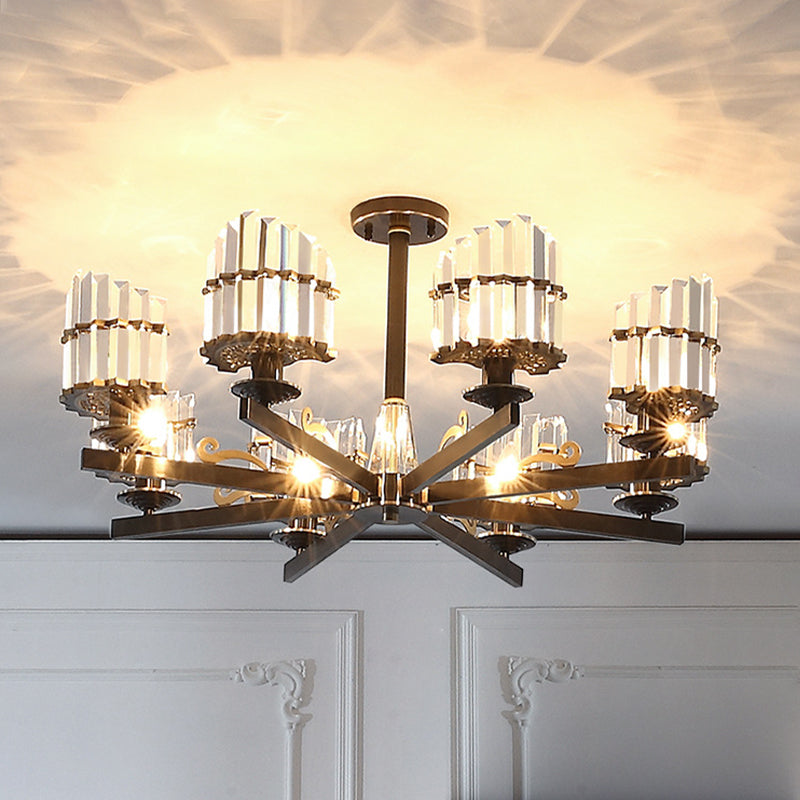 Modernism Sputnik Hanging Light 3/6/8 Heads Three Sided Crystal Rod Ceiling Chandelier in Black/Brass Clearhalo 'Ceiling Lights' 'Chandeliers' Lighting' options 280182