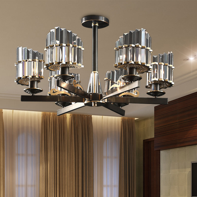 Modernism Sputnik Hanging Light 3/6/8 Heads Three Sided Crystal Rod Ceiling Chandelier in Black/Brass Clearhalo 'Ceiling Lights' 'Chandeliers' Lighting' options 280188