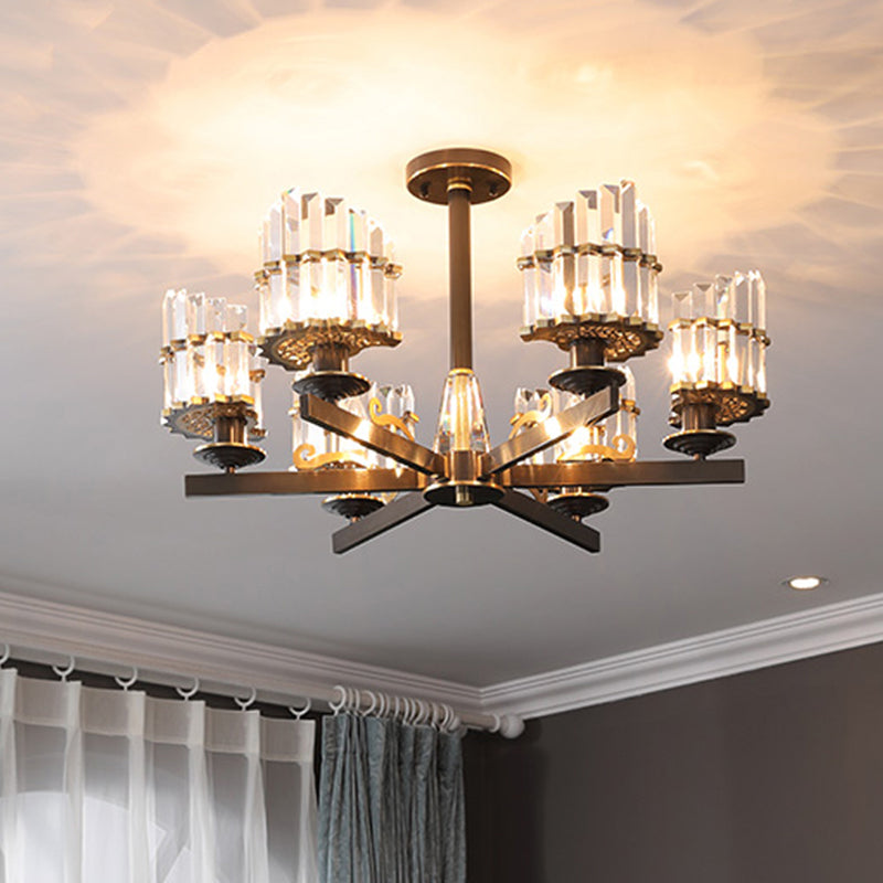 Modernism Sputnik Hanging Light 3/6/8 Heads Three Sided Crystal Rod Ceiling Chandelier in Black/Brass Clearhalo 'Ceiling Lights' 'Chandeliers' Lighting' options 280189