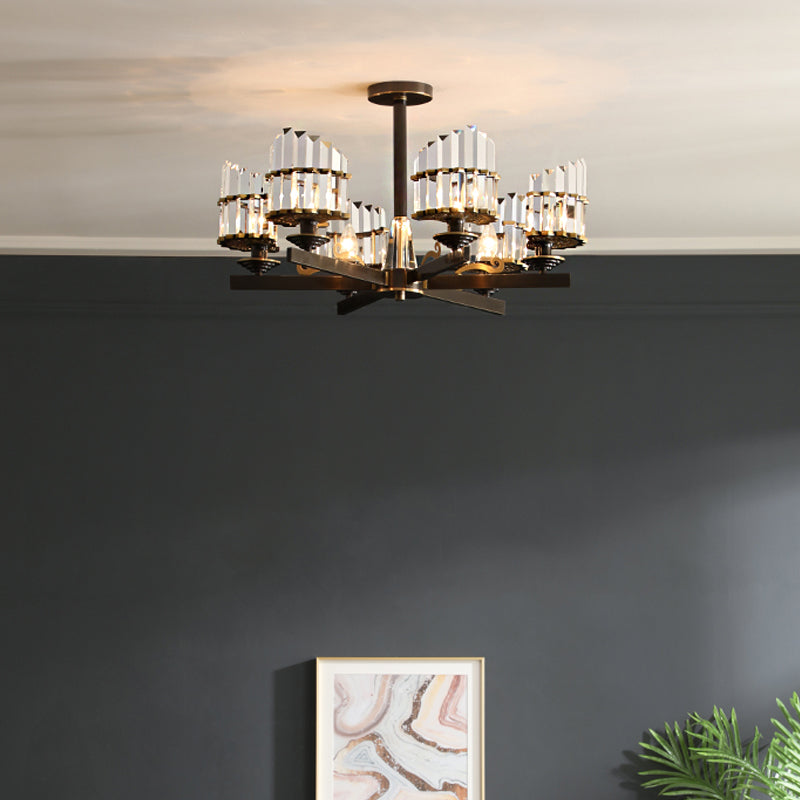 Modernism Sputnik Hanging Light 3/6/8 Heads Three Sided Crystal Rod Ceiling Chandelier in Black/Brass Clearhalo 'Ceiling Lights' 'Chandeliers' Lighting' options 280191