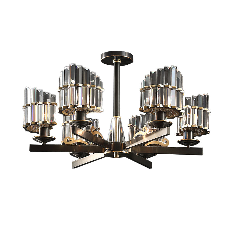 Modernism Sputnik Hanging Light 3/6/8 Heads Three Sided Crystal Rod Ceiling Chandelier in Black/Brass Clearhalo 'Ceiling Lights' 'Chandeliers' Lighting' options 280192