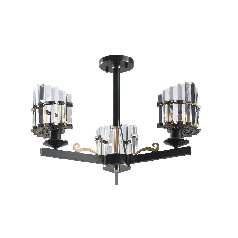 Modernism Sputnik Hanging Light 3/6/8 Heads Three Sided Crystal Rod Ceiling Chandelier in Black/Brass Clearhalo 'Ceiling Lights' 'Chandeliers' Lighting' options 280199