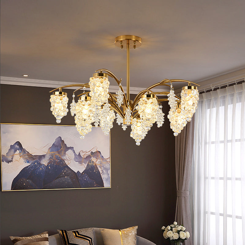 Crystal Beaded Gold Hanging Light Kit Grape Shape 6/8 Heads Bedroom Chandelier Light Fixture 8 Gold Clearhalo 'Ceiling Lights' 'Chandeliers' Lighting' options 280208_f3c6c2ab-eb58-4c1f-aea9-038b83ee3ad5